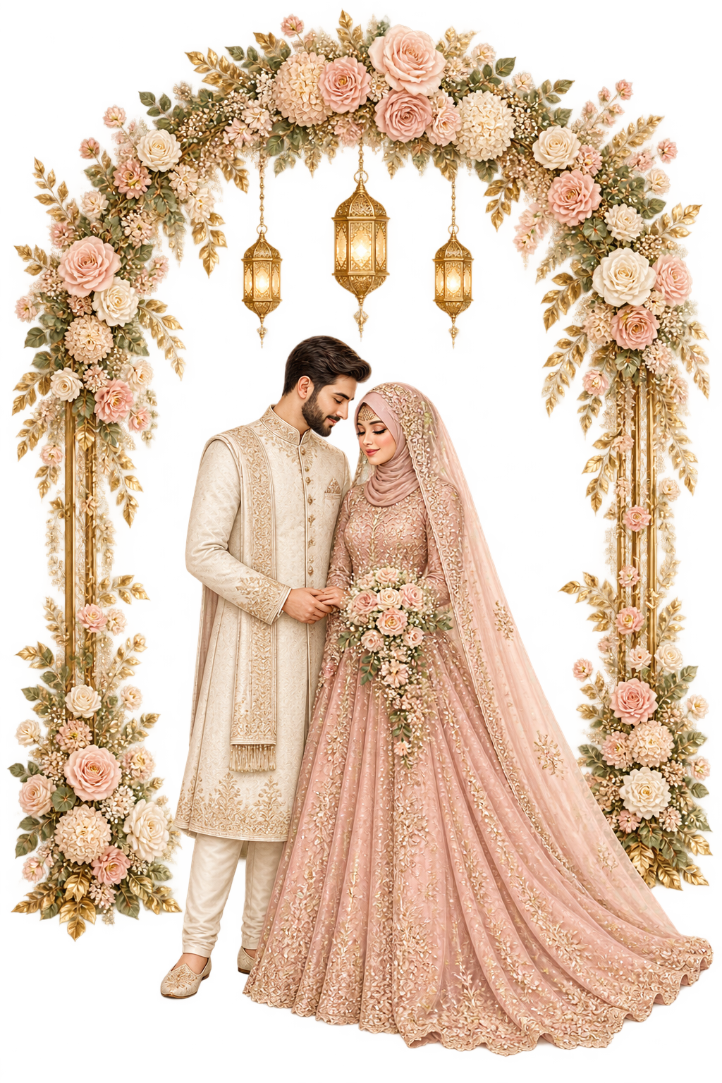 Bride and groom beneath a floral wedding arch