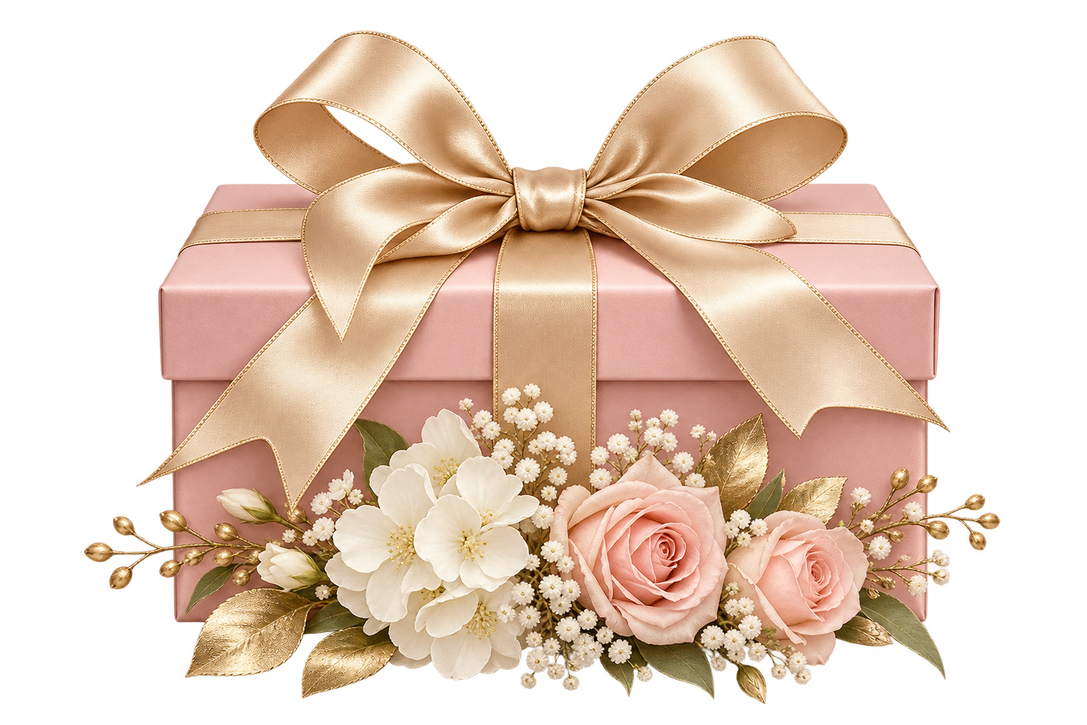 Blush pink gift box with a champagne ribbon and flowers