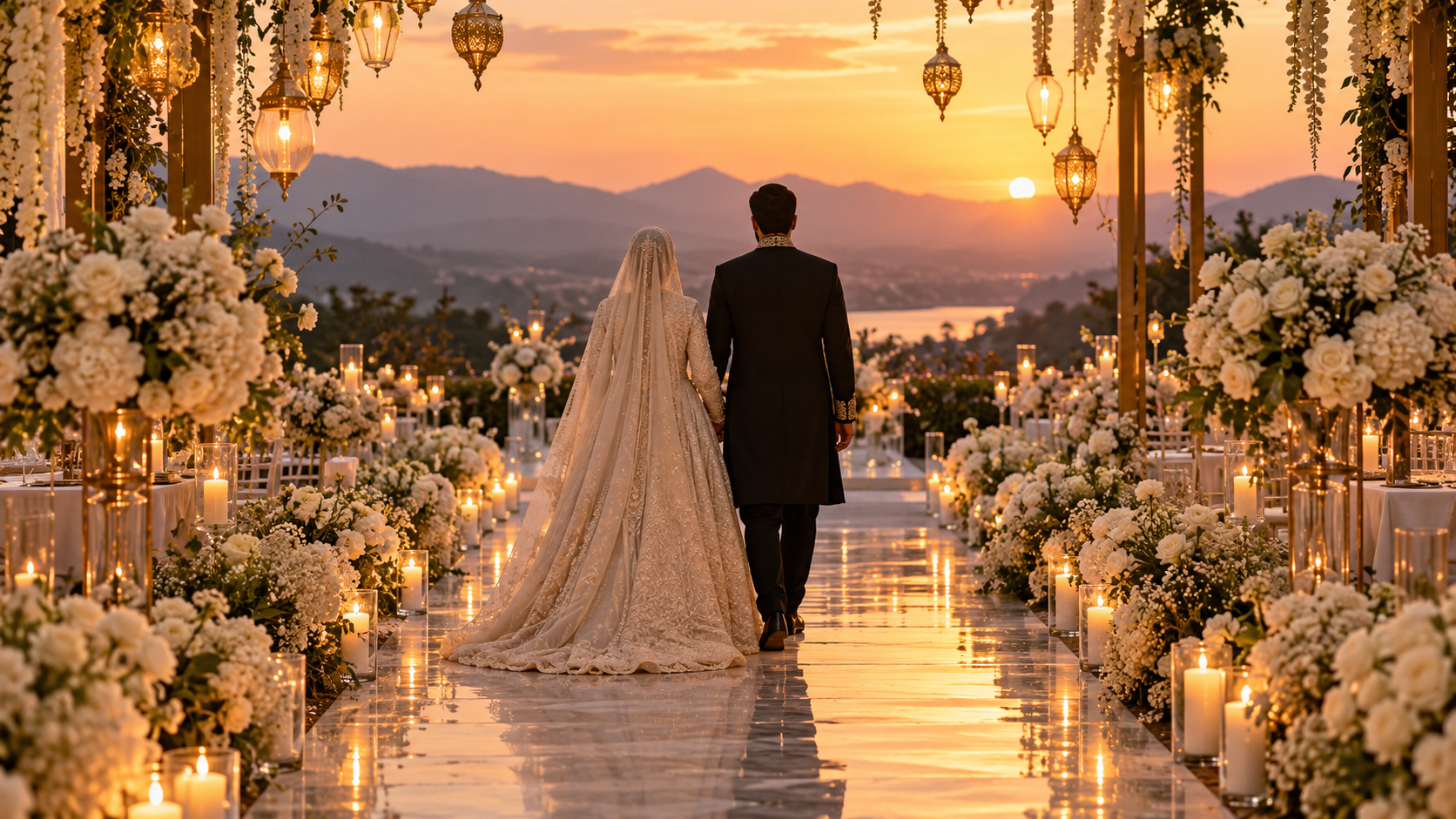 Newlyweds seen from behind walking through a candlelit reception aisle